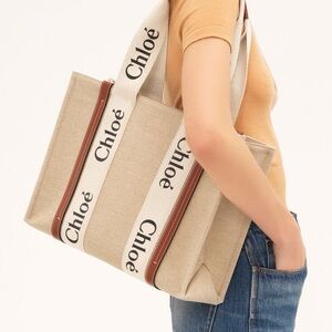 Chloé Beige WOODY TOTE BAG IN LINEN